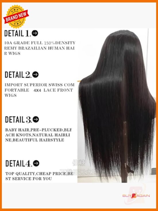 Glueless Lace Front Wig Brazilian Virgin Human Hair 24Inch 4x4 Closure main image 5